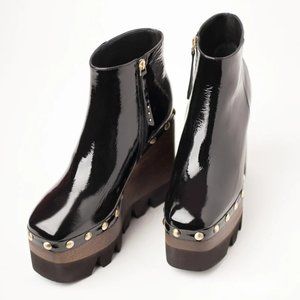 PALOMA BARCELÓ Black Leather + Wood Detail Platform Wedge Ankle Booties Size 6